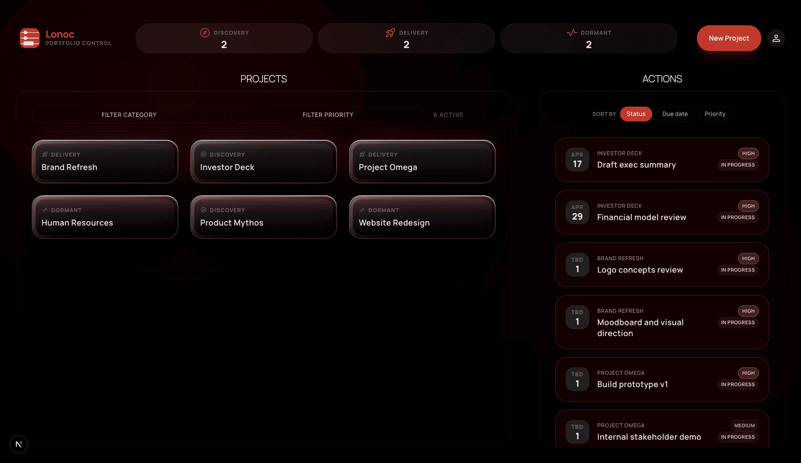 Lonoc portfolio control dashboard showing projects and actions